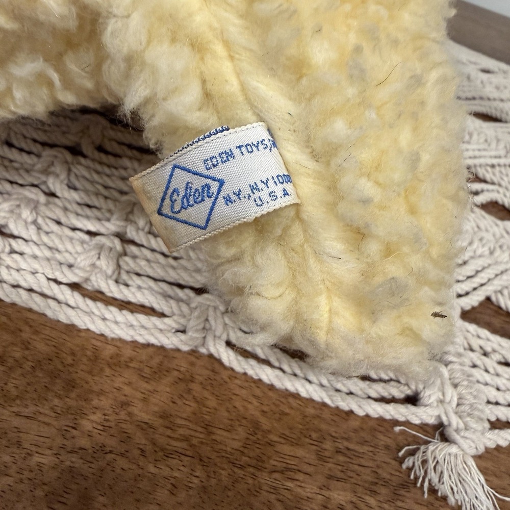Vtg Eden Stuffed Lamb Rattle Lullaby Plush Standing Neck Bow Flower Eyelashes - Picture 6 of 9